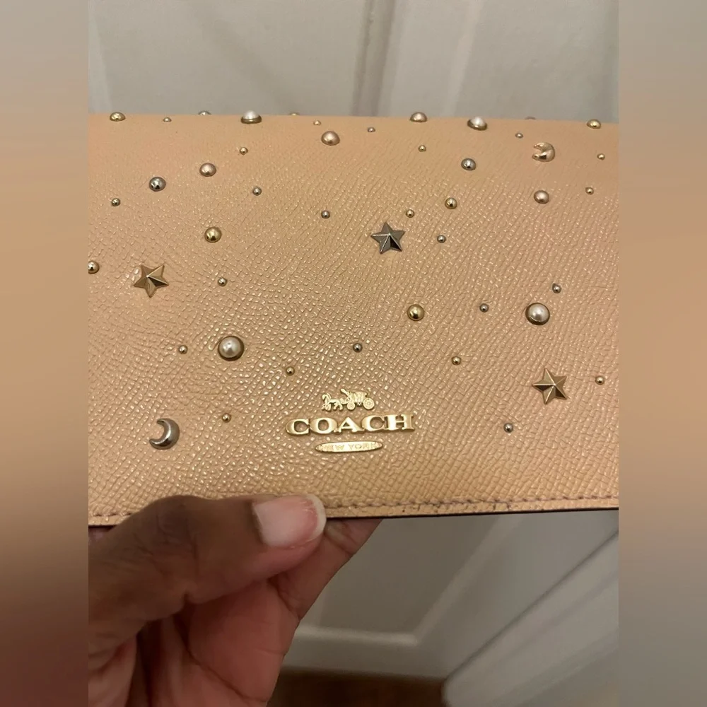 LIKE NEW Coach Foldover Crossbody Clutch w/ Celestial Studs (F30050) - Tan